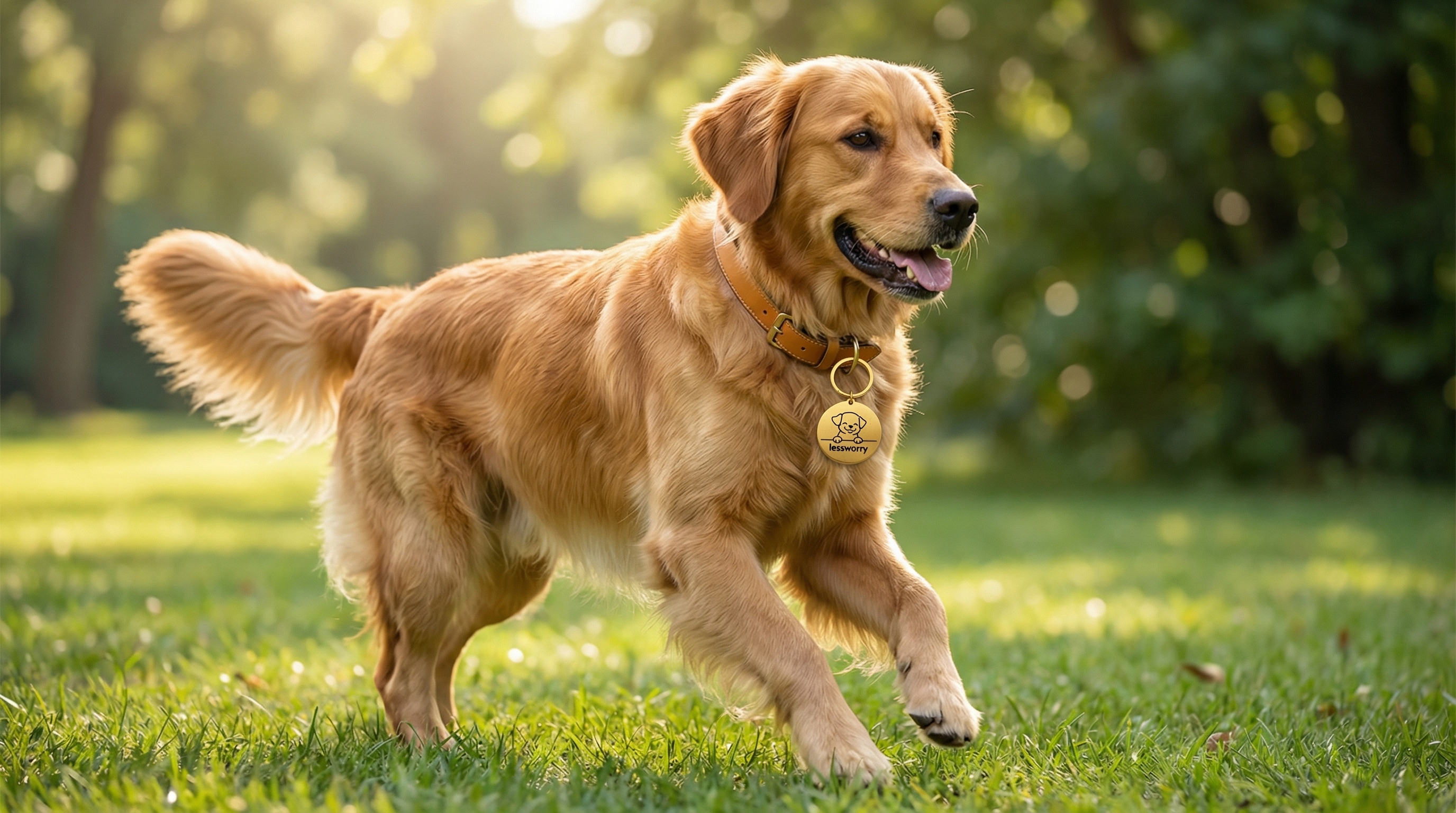 Active pet wearing LessWorry metal tag while moving outdoors