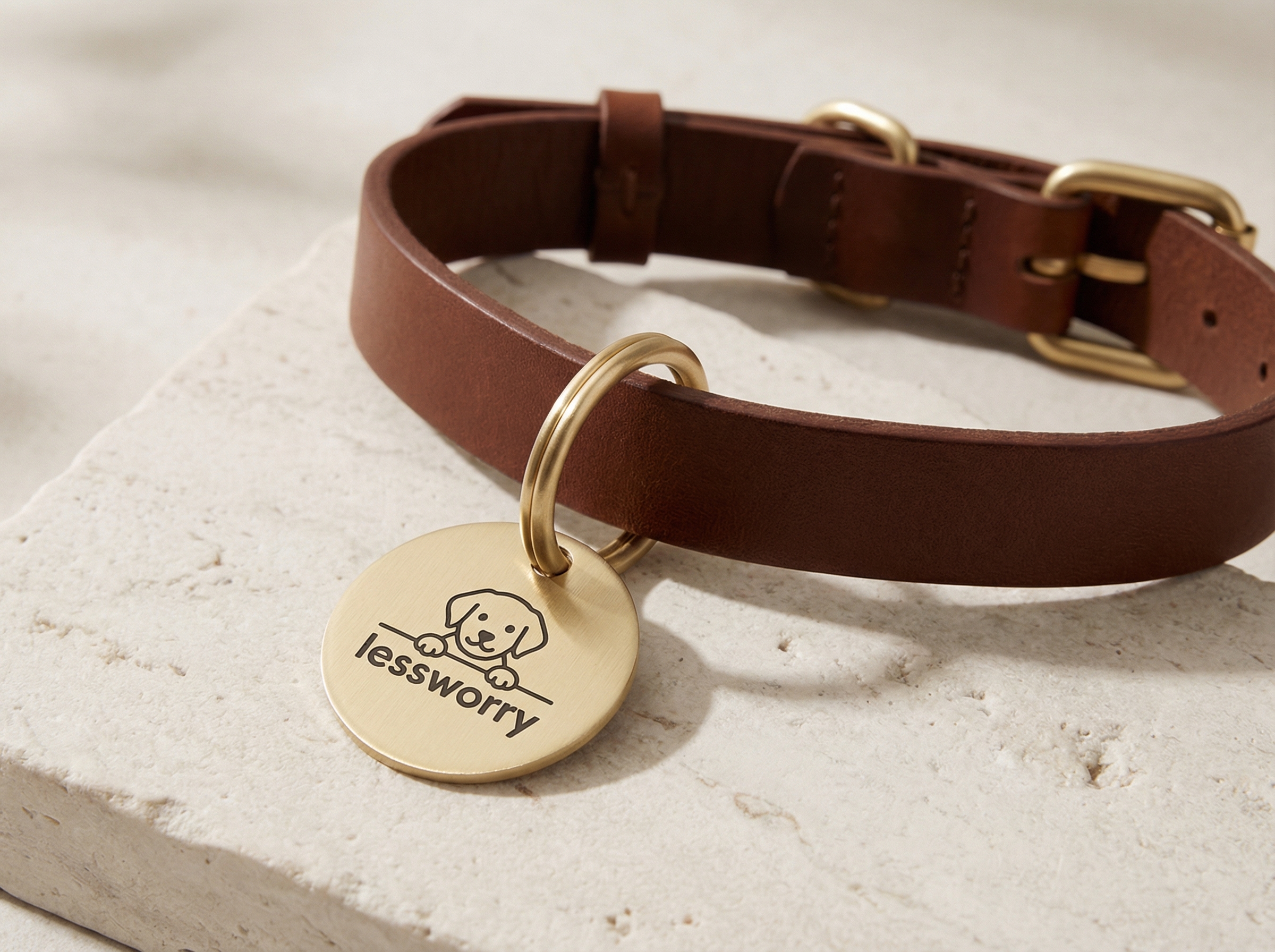 LessWorry metal tag on a premium leather collar
