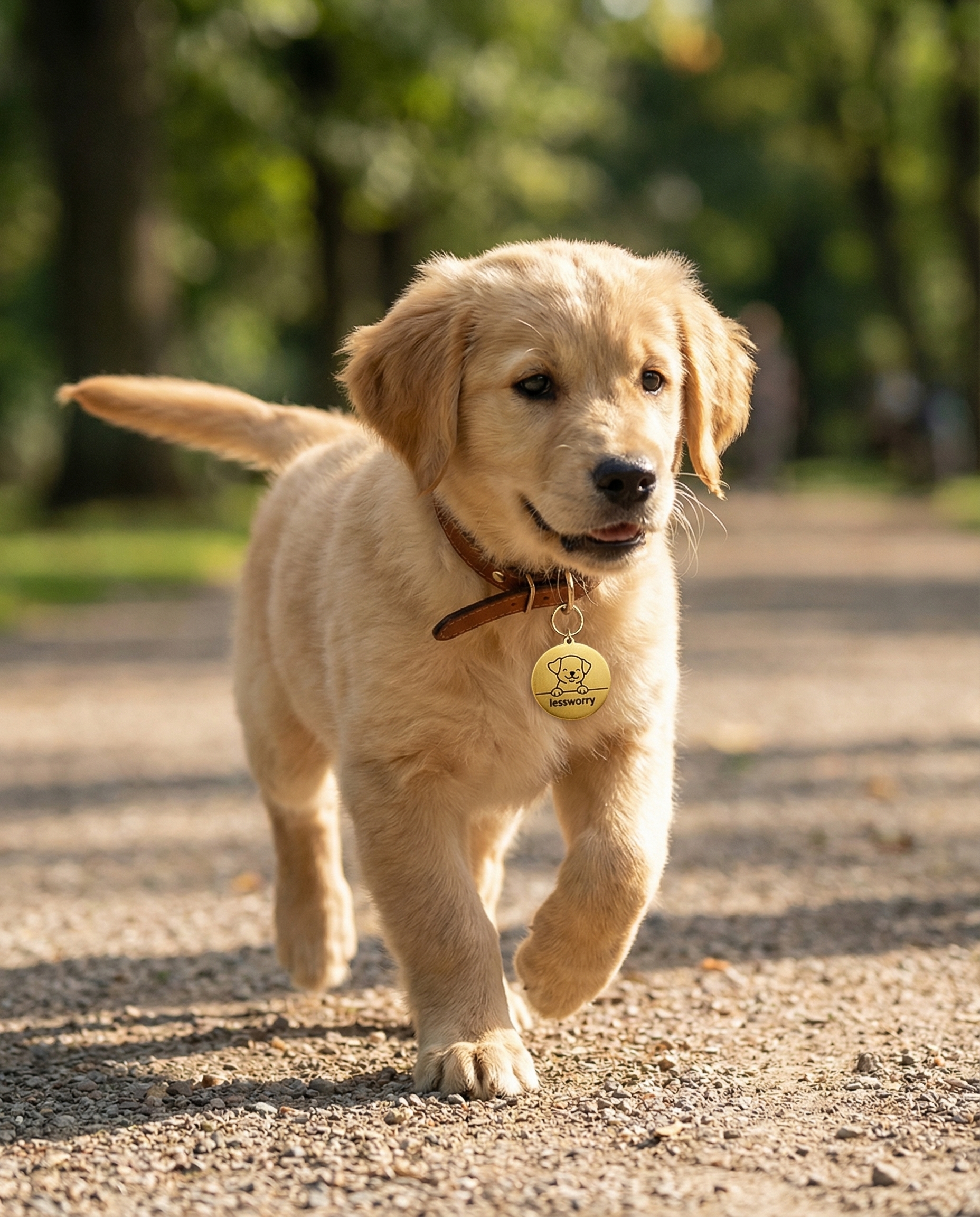 Golden Pup LessWorry metal tag shown in a premium pet context