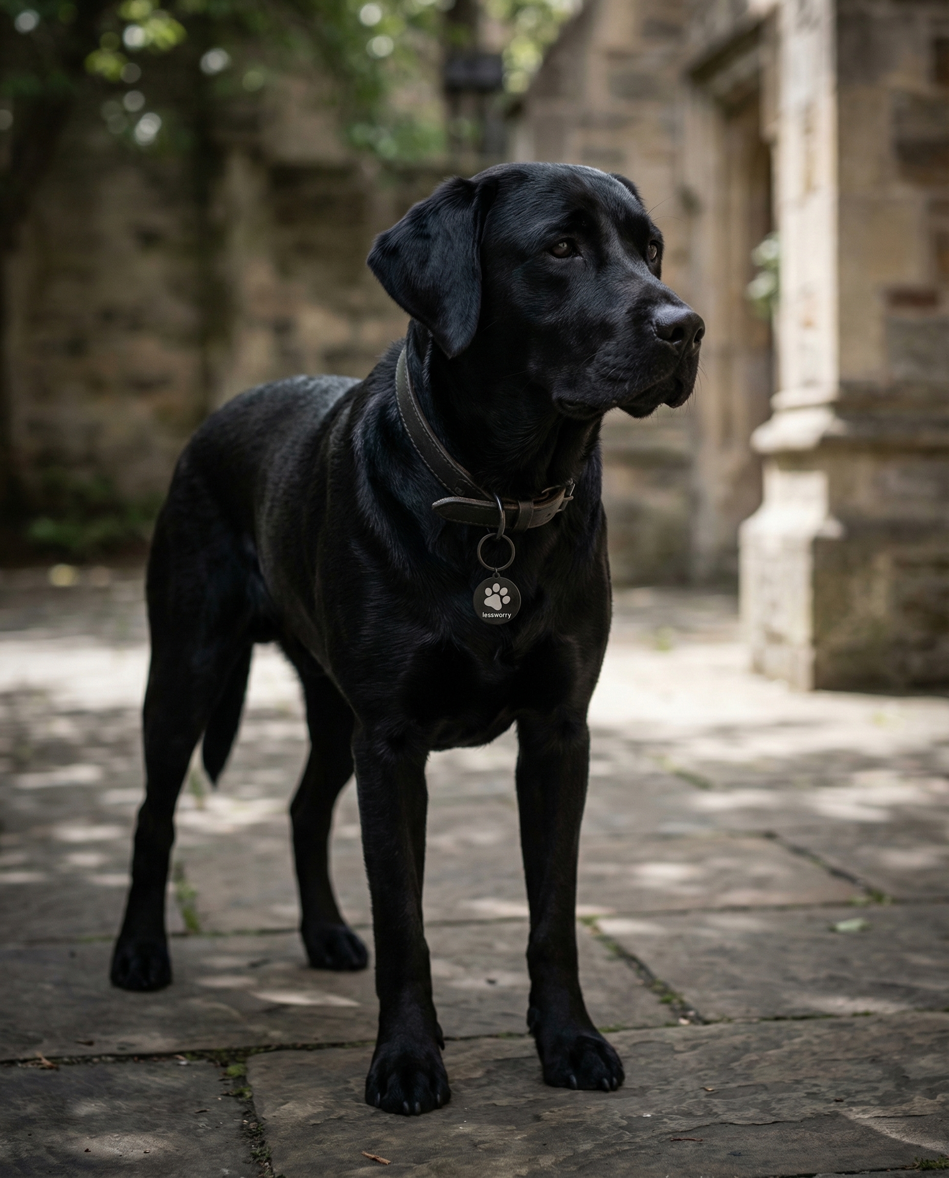 Black dog wearing the Midnight Paw LessWorry metal tag