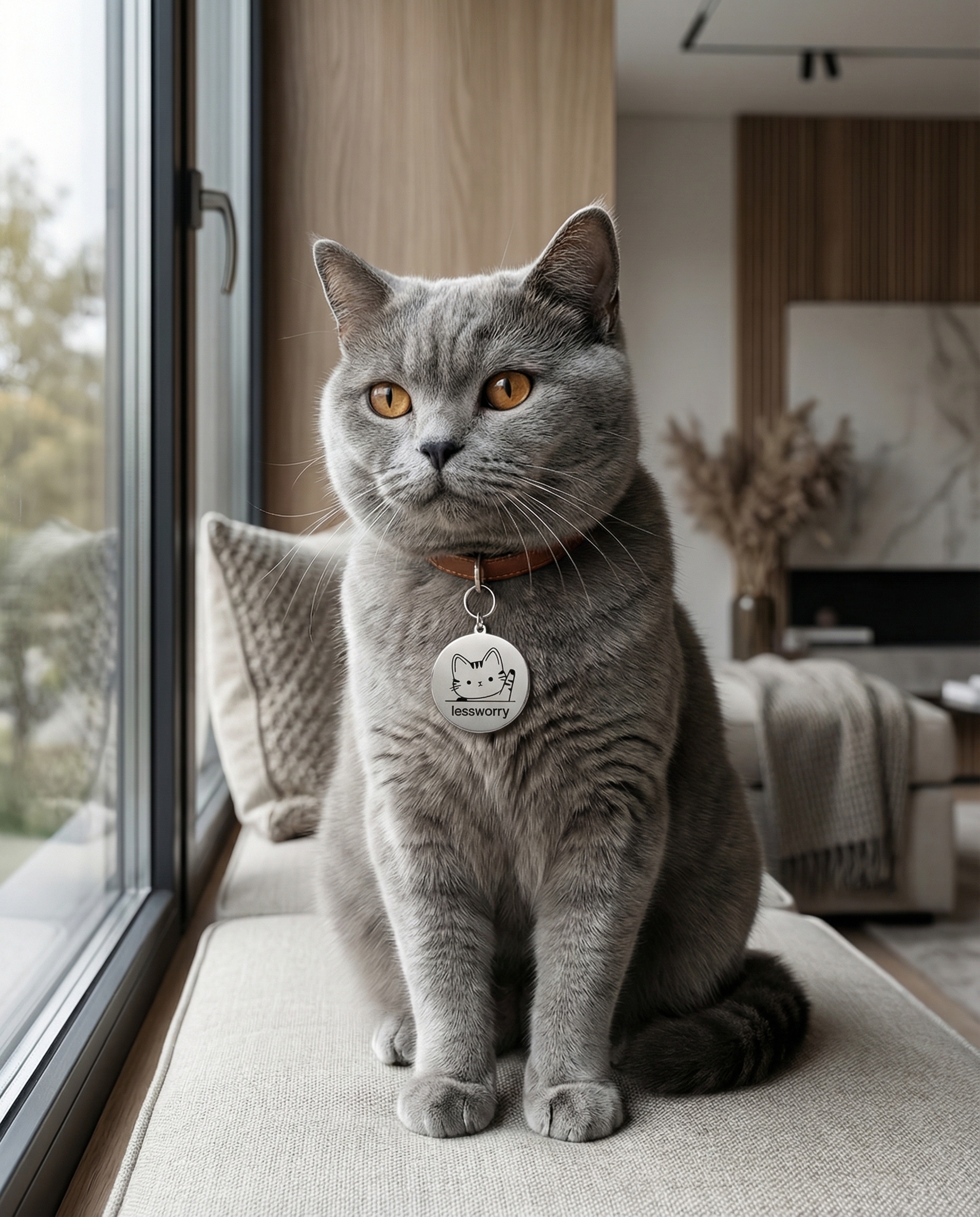 Silver Kitty LessWorry metal tag shown in a premium studio view