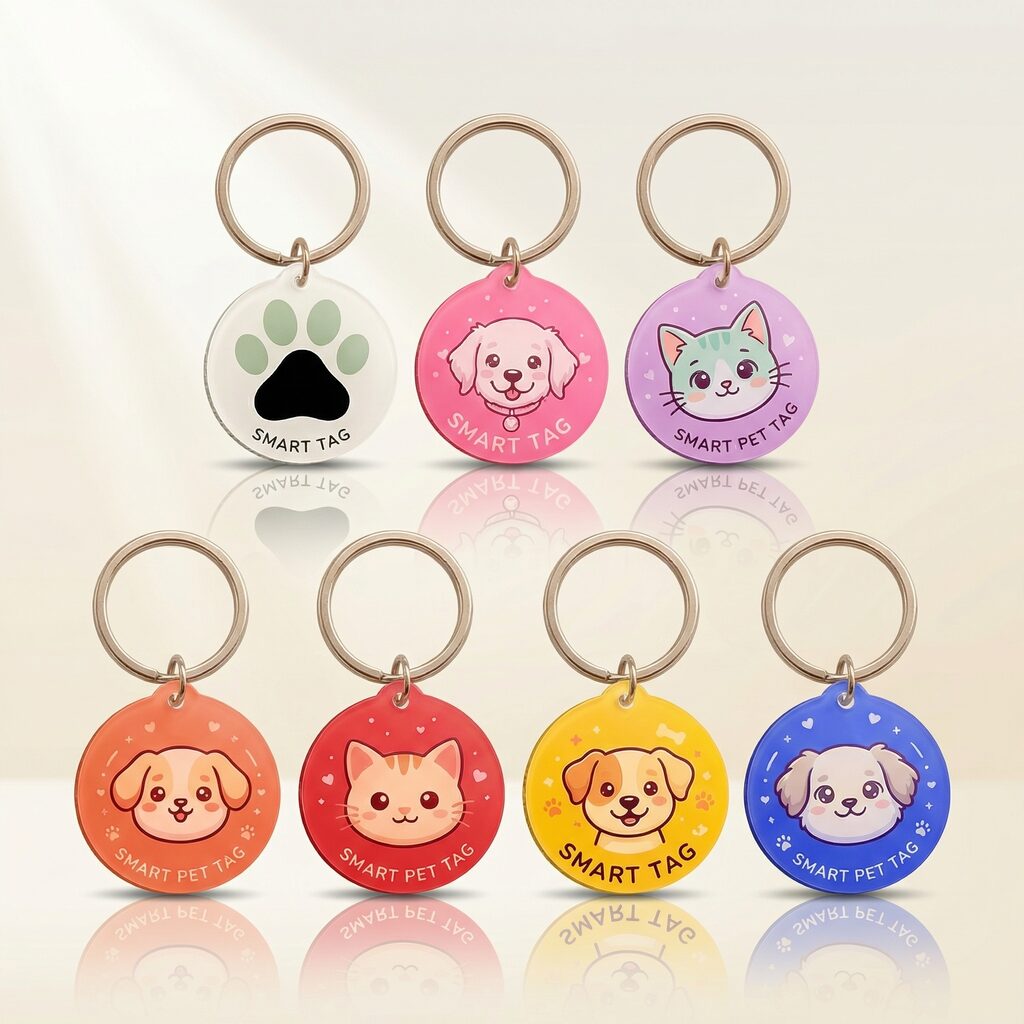 All 7 colorful LessWorry acrylic pet tags