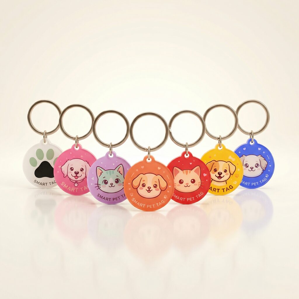 Lineup of colorful LessWorry acrylic pet tags