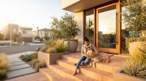 A woman with her beloved dog at golden hour