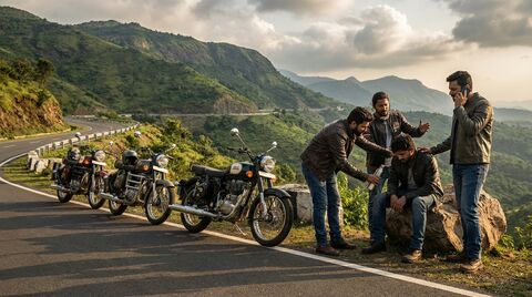 Riding buddies helping each other on mountain road