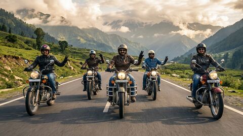 Group of motorcycle riders on a scenic mountain highway
