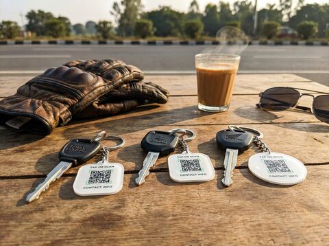 Multiple motorcycle keys with lessworry tags on table