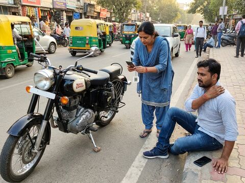 Woman scanning tag on motorcycle to help injured rider