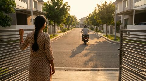 Wife watching husband ride away on motorcycle in the morning