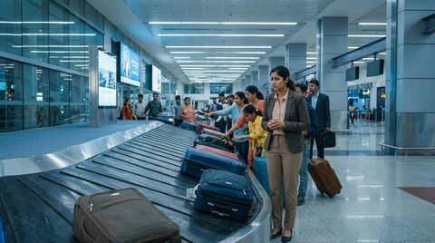 Woman at airport luggage carousel looking for her bag