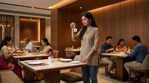 Woman in restaurant holding found keys with lessworry tag