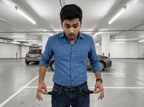 Young man in parking lot realizing his keys are missing