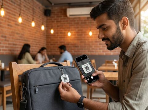 Man scanning lessworry tag on found laptop bag at cafe