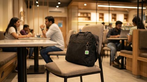 Laptop bag left behind on a chair at a modern cafe